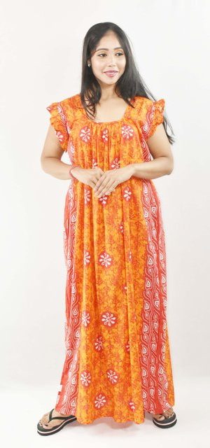 Yellow Maxi Nighty Square Neck Short Sleeves with pleats