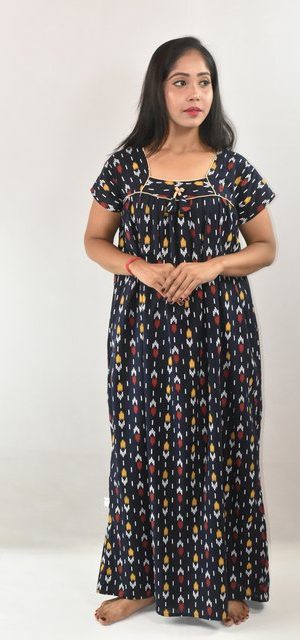 BDROX Blue Cotton Maxi Nighty Square Neck Short Sleeves with Pipien