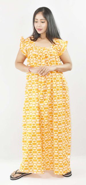 Yellow Maxi Nighty Square Neck Short Sleeves with pleats