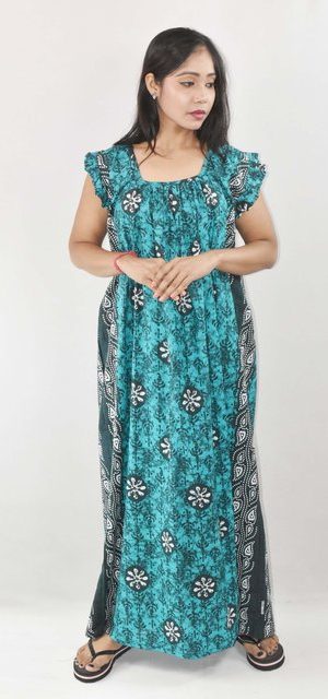 Sky Blue Maxi Nighty Square Neck Short Sleeves with pleats