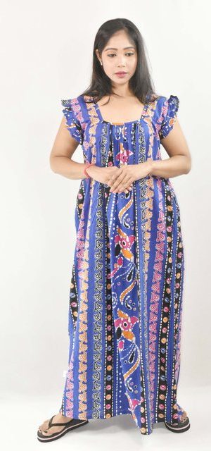 BDROX Blue Maxi Nighty Square Neck Short Sleeves with pleats