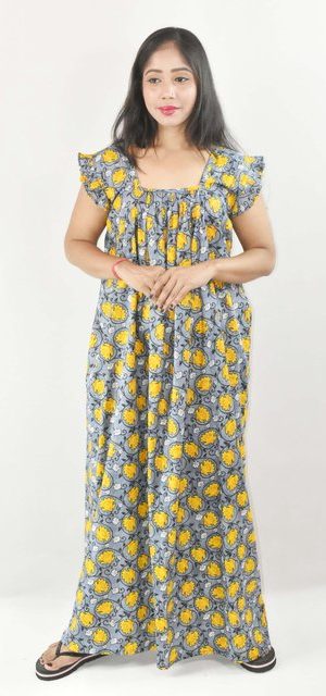 Yellow Maxi Nighty Square Neck Short Sleeves with pleats