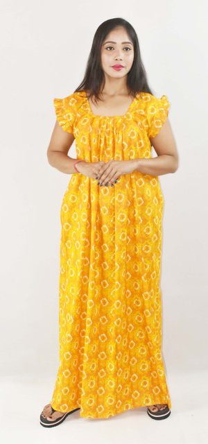Yellow Maxi Nighty Square Neck Short Sleeves with pleats