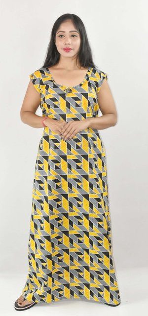 Yellow Maxi Nighty Square Neck Short Sleeves with pleats