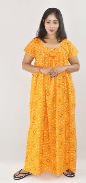 Yellow Maxi Nighty Square Neck Short Sleeves with Pipien