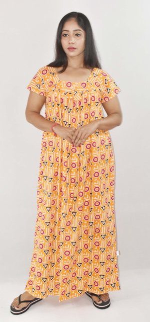 Yellow Maxi Nighty Square Neck Short Sleeves with Pipien