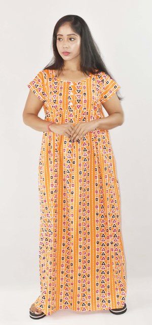 Yellow Cotton Maxi Nighty Round Neck & Short sleeve With Button