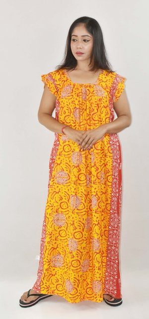 Yellow Maxi Nighty Square Neck Short Sleeves with pleats