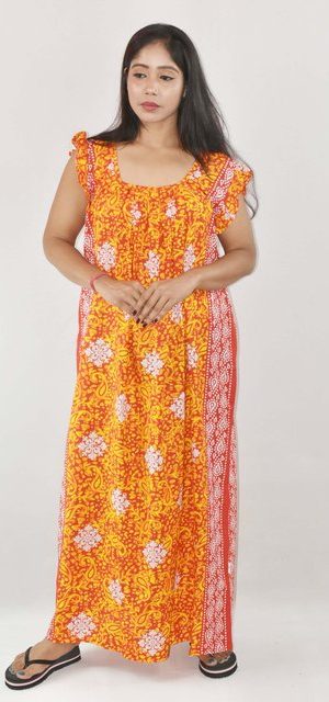 Yellow Maxi Nighty Square Neck Short Sleeves with pleats