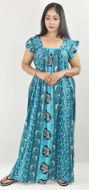 BDROX Blue Maxi Nighty Square Neck Short Sleeves with pleats