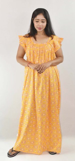 Yellow Maxi Nighty Square Neck Short Sleeves with Pleats