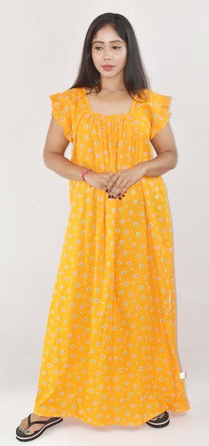 Yellow Maxi Nighty Square Neck Short Sleeves with Pleats