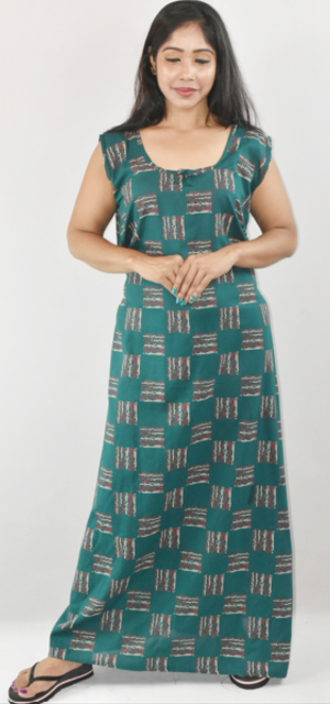 Sea Green Cotton Maxi Nighty Round Neck & Sleeveless