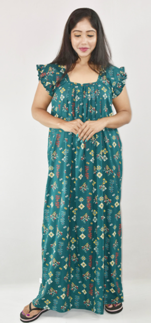 Sea Green Maxi Nighty Square Neck Short Sleeves with Pleats