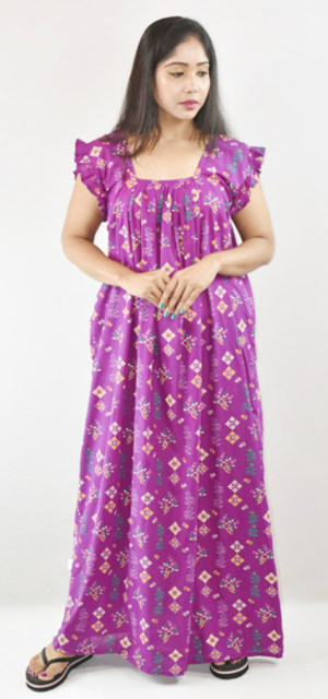 Violet Maxi Nighty Square Neck Short Sleeves with Pleats