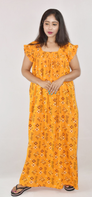 Yellow Maxi Nighty Square Neck Short Sleeves with Pleats