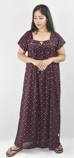 BDROX Dark Maroon Cotton Maxi Nighty Square Neck Short Sleeves with Pipien