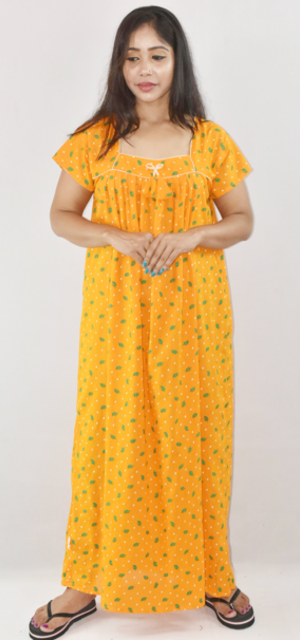 Yellow Cotton Maxi Nighty Square Neck Short Sleeves with Pipien
