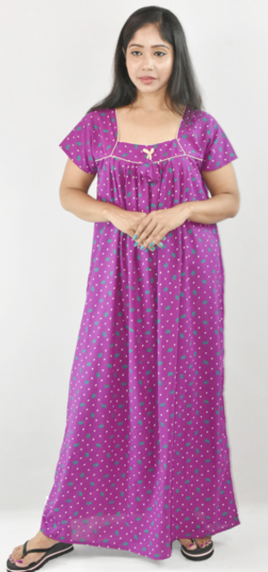 Violet Cotton Maxi Nighty Square Neck Short Sleeves with Pipien