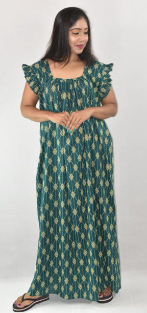 Sea Green Maxi Nighty Square Neck Short Sleeves with Pleats