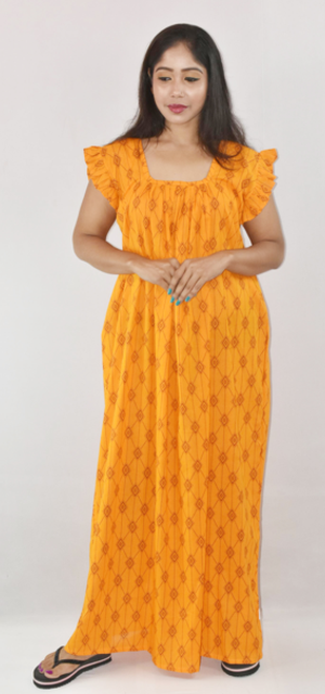 Yellow Maxi Nighty Square Neck Short Sleeves with Pleats