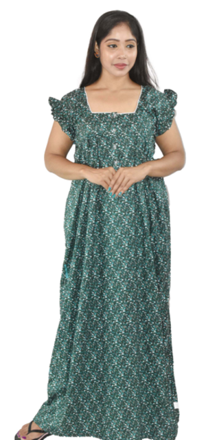 BDROX Green Cotton Maxi Nighty Round Neck Front Button & Short sleeves