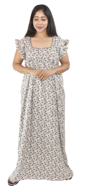 BDROX Grey Cotton Maxi Nighty Round Neck Front Button & Short sleeves