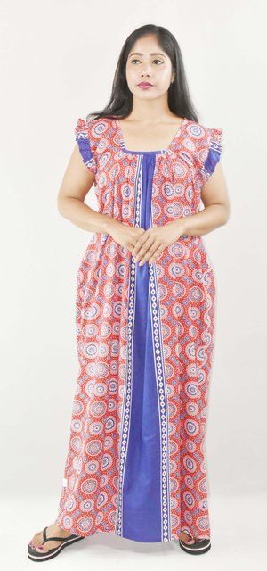 BDROX Blue Maxi Nighty Square Neck Short Sleeves with Pleats