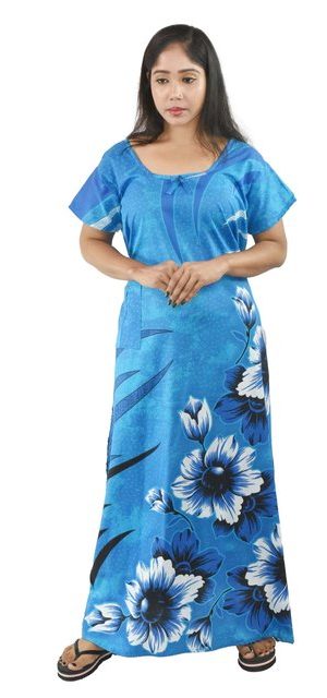 BDROX Blue Cotton Maxi Nighty Round Neck & Short Sleeve