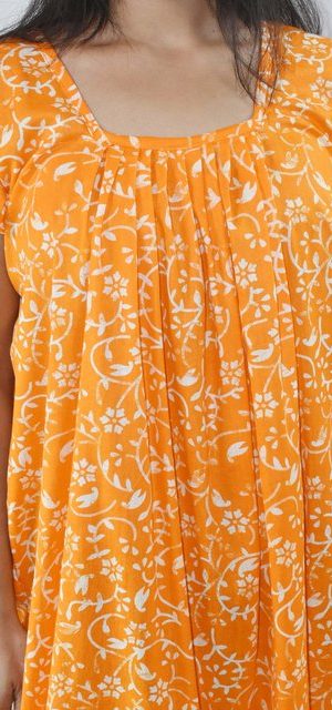 Yellow Maxi Nighty Square Neck Short Sleeves with Pleats