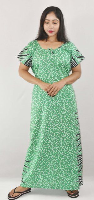 BDROX Green Cotton Maxi Nighty Round Neck & Short Sleeve With pocket