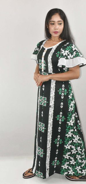 BDROX Green Cotton Maxi Nighty Round Neck Butterfly Sleeves
