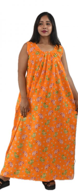 Yellow Pure Cotton Round Neck Sleeveless Maxi Nighty