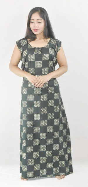 BDROX Green Cotton Maxi Nighty Round Neck & Sleeveless