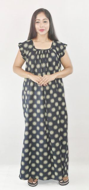 BDROX Green Cotton Maxi Nighty Square Neck Short Sleeves with pleats