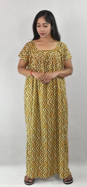 BDROX Green Cotton Maxi Nighty Square Neck Short Sleeves with Pipien