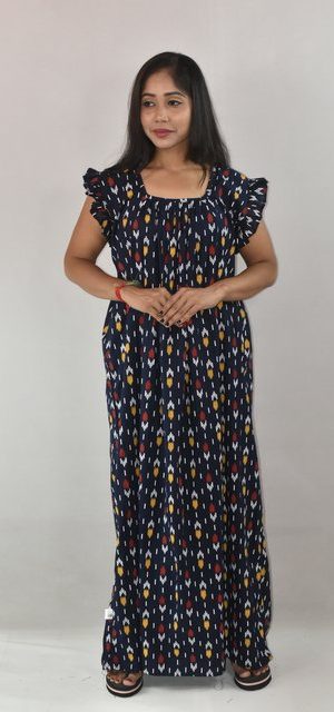 BDROX Blue Cotton Maxi Nighty Square Neck Short Sleeves with pleats