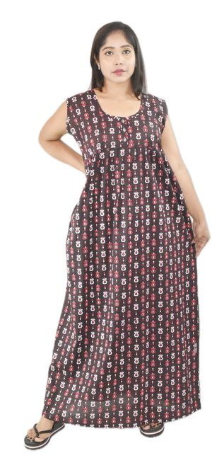 BDROX Blue Cotton Maxi Nighty Round Neck & Sleeveless With Button