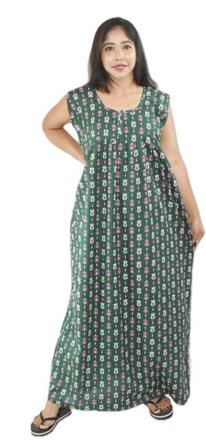 BDROX Green Cotton Maxi Nighty Round Neck & Sleeveless With Button