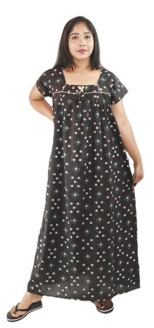 BDROX Coffee Cotton Maxi Nighty Square Neck Short Sleeves with Pipien