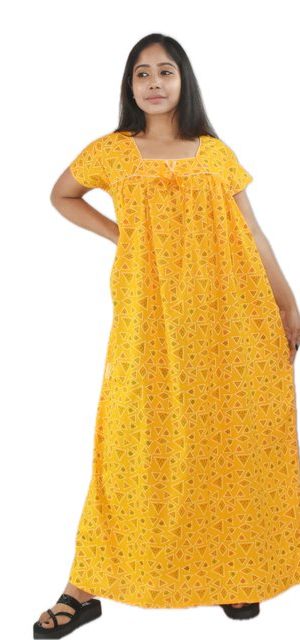 Yellow Maxi Nighty Square Neck Short Sleeves with Pipien