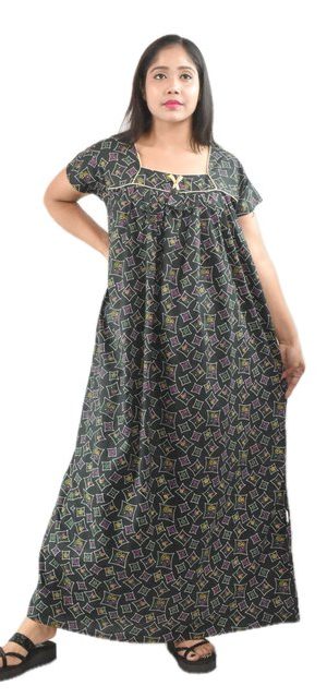 BDROX Dark Green Cotton Maxi Nighty Square Neck Short Sleeves with Pipien