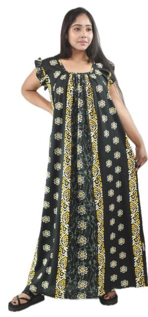 BDROX Green Cotton Maxi Nighty Square Neck Short Sleeves with Pleats