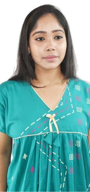 Sea Green cotton maxi nighty V-neck short sleeves with Pipien